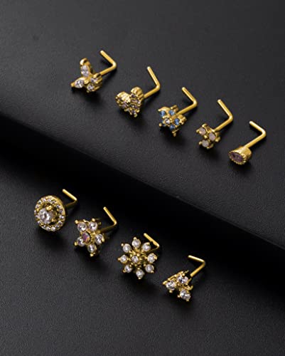 9Pcs Nose Rings Stud L Bone Screw Shaped Nose Ring Flower CZ Snowflake Butterfly Screw Nose Stud Body Piercing Jewelry for Women Men 20G Silver Gold Rose Gold Tone - color: B:Gold Tone