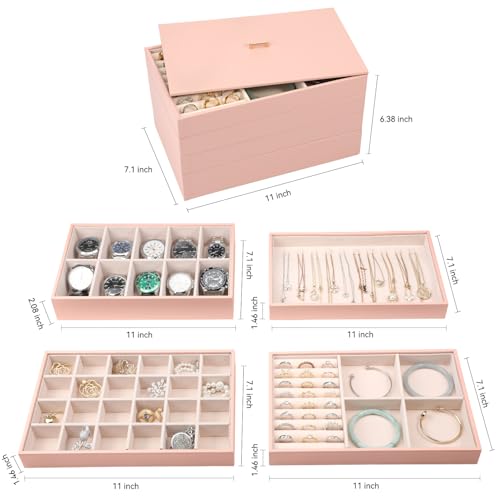 Voova Stackable Jewelry Organizer Tray with Lid (Set of 4, Pink) | Stackable PU leather jewelry trays with drawer inserts for earrings, rings, necklaces, bracelets and watches; set of 4 - color: Pink