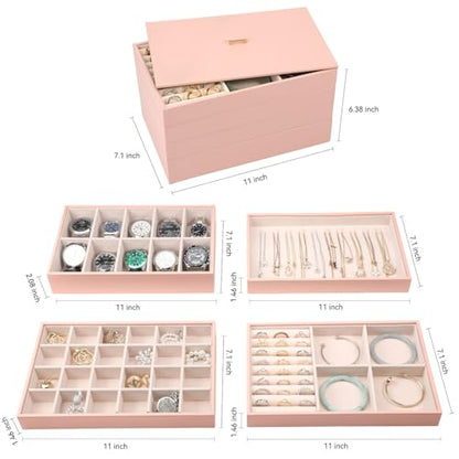 Voova Stackable Jewelry Organizer Tray with Lid (Set of 4, Pink) | Stackable PU leather jewelry trays with drawer inserts for earrings, rings, necklaces, bracelets and watches; set of 4 - color: Pink