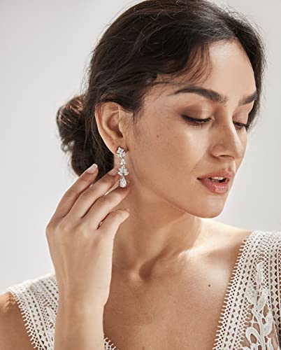SWEETV Teardrop Wedding Earrings for Brides Birdesmaid | Crystal Cubic Zirconia Bridal Drop Earrings for Women Prom - color: Silver