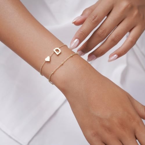 Gold Initial Bracelets for Women Trendy, Dainty Layered 14K Gold Plated Heart Letter Charm Bracelets, letter beads for name bracelets Jewelry Gifts - color: Gold-D