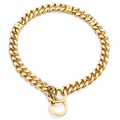 Adjustable 18K Gold Dog Collar Slip Choker Stianless Steel 15mm Big Dog Puppy Necklace Choke Chain Training Collar Cuban Link for Big Small Dog S/M/L (S) - size: S