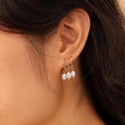 Robaice Pearl Earrings for Women, 14K Gold Plated Dangle Drop Earrings | Small Pearl Drop Huggie Hoop Earrings, Hypoallergenic Dainty Gold Earrings, Wedding Jewelry Gifts for Women Trendy - style: triple huggie pearl earrings