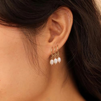 Robaice Pearl Earrings for Women, 14K Gold Plated Dangle Drop Earrings | Small Pearl Drop Huggie Hoop Earrings, Hypoallergenic Dainty Gold Earrings, Wedding Jewelry Gifts for Women Trendy - style: triple huggie pearl earrings
