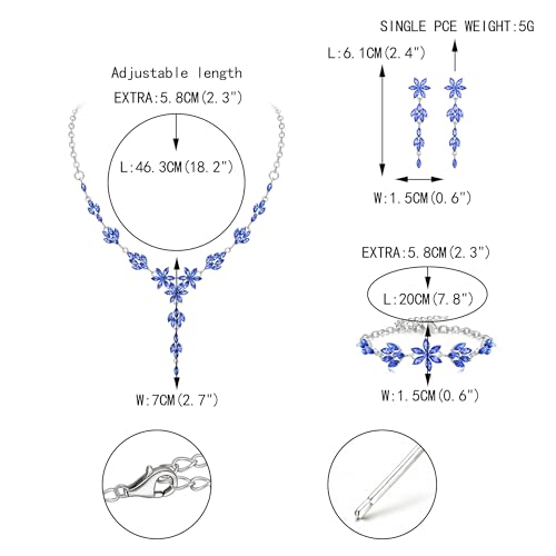 EVER FAITH Crystal Flower Wedding Prom Jewelry Set for Bride Bridesmaid | Rhinestone Costume Party Y-Shaped Necklace Dangle Earrings Bracelet, for Women - color: Blue Silver-Tone