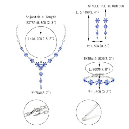 EVER FAITH Crystal Flower Wedding Prom Jewelry Set for Bride Bridesmaid | Rhinestone Costume Party Y-Shaped Necklace Dangle Earrings Bracelet, for Women - color: Blue Silver-Tone