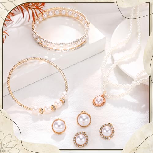 Glenmal Pearl Rhinestone Jewelry Set for Women Pearl Necklace Bracelet Earrings for Wedding Halloween Bridal Shower Tea Party - style: Delicate Style