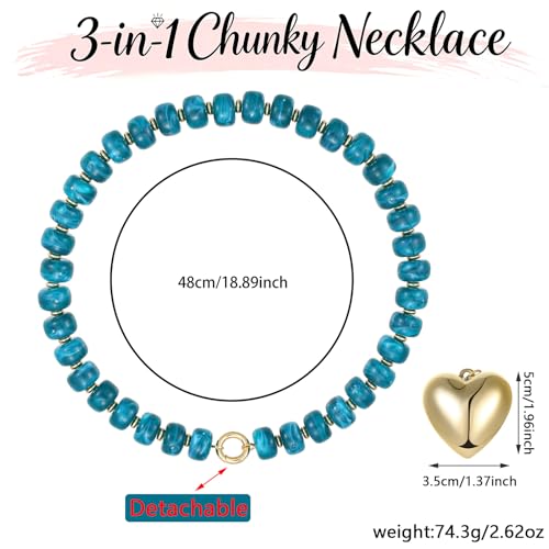 Chunky Heart Necklaces for Women Colorful Resin Beaded Necklaces for Women Gold Puffy Heart Statement Necklace Trendy Acrylic Choker Jewelry Gift - color: B-Lake Blue