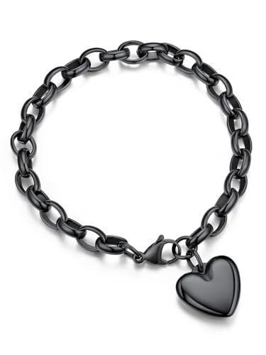 Jewelry Stainless Steel Initial Heart Charm Bracelet For Women | 14K Gold/Silver/Black Plated Initial Cable Link Letters Adjustable Waterproof Bracelets Jewelry Gifts Mom (With Box) - style: Blank Heart