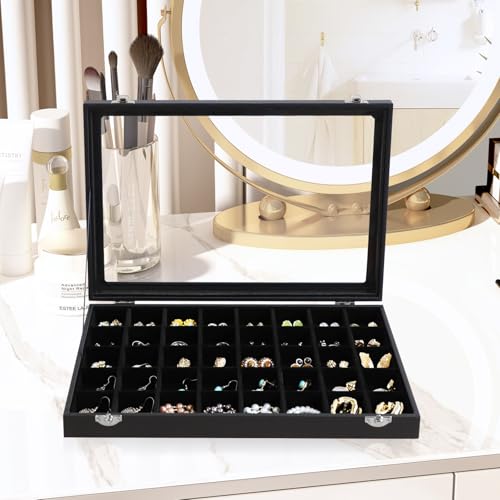 Wudygirl Earring Organizer Leather Jewelry Tray with Lid 13.7"x9.4" Black | 40 Grid Jewelry Organizer with Velvet Liner, Ideal for Jewelry Storage, Dresser Drawer or Gift, Dustproof Design - style: 40 Grid Tray