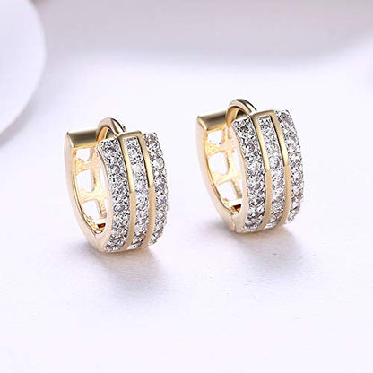 14K Rose Gold Plated Three Row Cubic Zirconia Small Huggie Hoop Earrings Fashion Jewelry for Men Women - color: gold