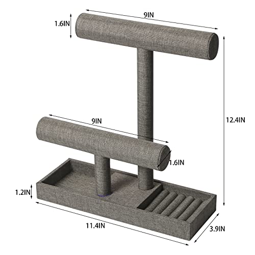 Coward 2 Tier Necklace Bracelet Holder Organizer with Ring Tray, Linen Jewelry Display Stand for Watch Scrunchie Lipstick, Perfumes,Nail polish (Gray Linen) - color: Gray