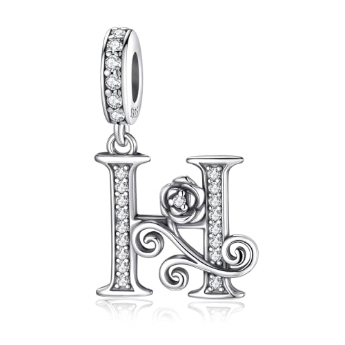 HappyStar 925 Sterling Silver Letter Charms for Bracelets Rose Alphabet Initial Dangle Pendants Fit for Pandora Charms Bracelet Charms Beads Jewelry Gifts for Women - color: Alphabet H