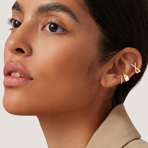 OOOPEL 3 Pairs 14K Gold Plated Ear Cuffs Non Piercing Lightweight Stackable Chunky Earring Cuff for Women Adjustable Non-Fading Fake Earrings Suitable for Christmas Gift - style: Cross CZ