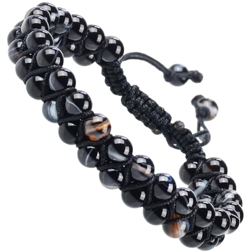 MASSIVE BEADS Double Layer Natural Chakra Healing Power Crystals Macrame Bracelet Yoga Stone Beads Gemstone Meditation Relax Anxiety Bangle for Unisex Women Men - color: Evil Eye Agate, size: 6mm