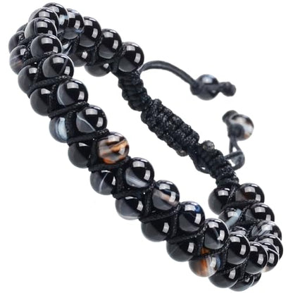 MASSIVE BEADS Double Layer Natural Chakra Healing Power Crystals Macrame Bracelet Yoga Stone Beads Gemstone Meditation Relax Anxiety Bangle for Unisex Women Men - color: Evil Eye Agate, size: 6mm