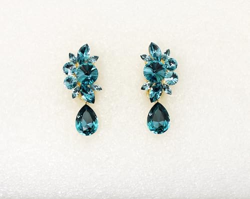 Faship Statement Dangling Floral Clip On Earrings For Women - color: Teal / 14K gold plated