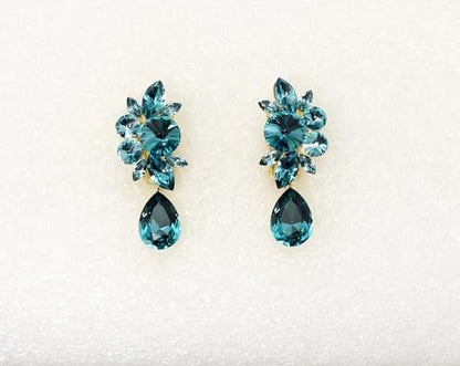 Faship Statement Dangling Floral Clip On Earrings For Women - color: Teal / 14K gold plated