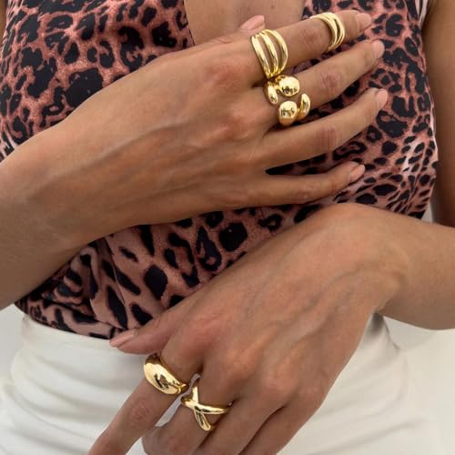 Gold Plated Geometric Chunky Water Drop Ring Set for Women,Open Adjustable Twisted Stacked Knuckle Finger Ring Set Punk Party Jewelry Accessories Gift - color: Gold
