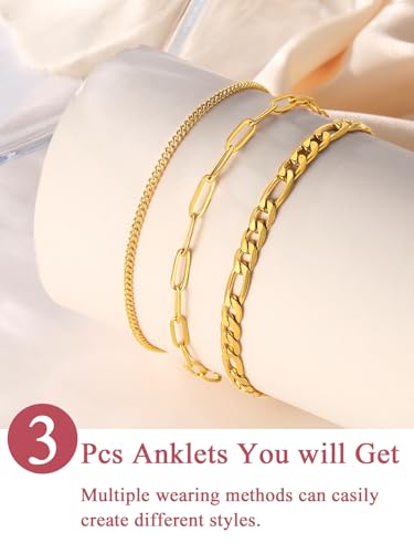 FOCALOOK Anklet Bracelets Set for Women, 14K Gold Plated Layered Anklet Set | Adjustable for Large Ankle, Cuban/Snake/Figaro/Paperclip Chain, Waterproof & Non Tarnish for Everyday Wear, Beach & Summer - color: C:3Pcs-Cuban/Paperclip/Figaro-Gold