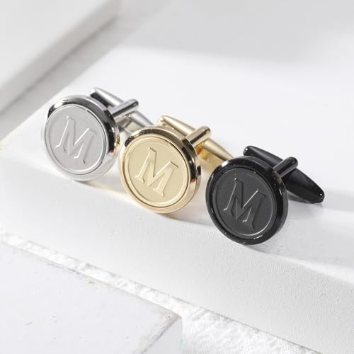 Initial Letter A-Z Cufflinks for Men Silver/Gold/Black Cufflinks 26 Alphabet Letter Copper Cufflinks for Formal Occasions Gifts Anniversary Business Wedding for Bridegroom Groomsmen - size: Gold, style: Initial: M