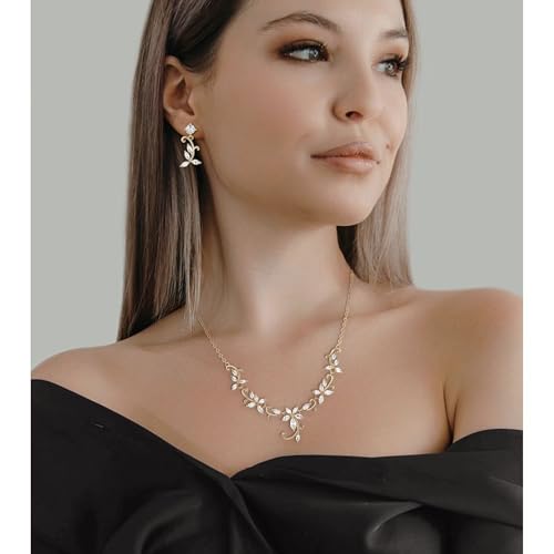 Crysdue Flower Leaf Wedding Jewelry Set for Bridal Bridemaid, Cubic Zirconia Teardrop Elegant Silver/14K/Rose Gold Plated Vine Necklace Dangle Earrings for Prom Party - style: A_Gold Tone