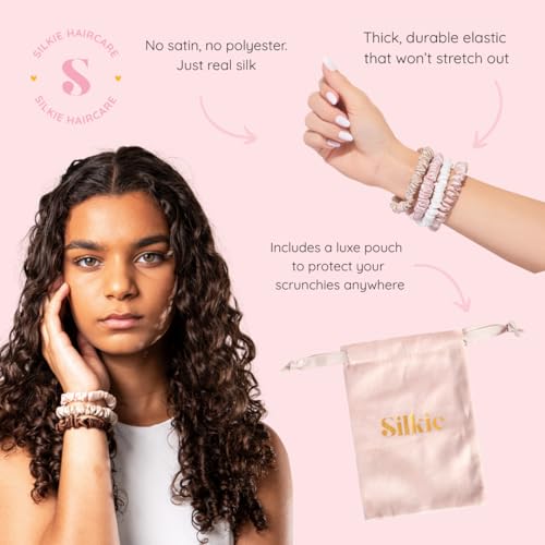 SILKIE x6 Set 100% Pure Mulberry Silk Black Brown Chocolate Pink Nude Neutral Skinny Scrunchies Travel Pouch Everyday Hair Ties Elastics Hair Care Ponytail Holder No Damage (Truffle) - color: Truffle