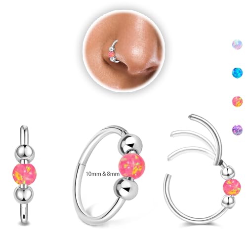 Thiswhyimbeauty 2PCS 18g Opal Nose Rings for Women Nose Hoops 8mm/10mm Hypoallergenic 316L Surgical Steel Nose Rings Piercing Jewelry Can Be Used as a Nose Ring, Septum Ring, and Cartilage Earring - color: A-Silver Pink opal