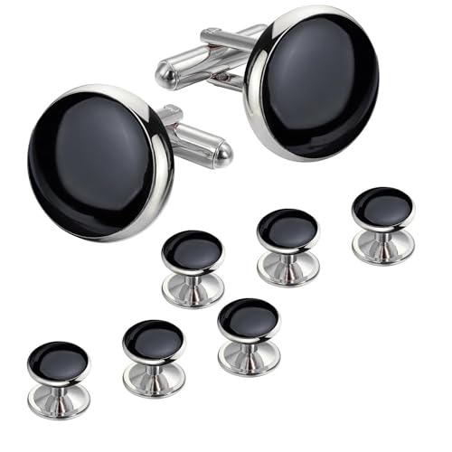 VAMA FASHIONS Tuxedo Cufflinks and Studs Formal Shirt Wedding Cuff Links set for Men (Silver Black Cuff Links Studs)