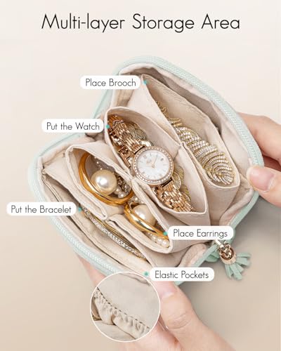 VLANDO Small Travel Jewelry Case,Velvet Pouch Bags with Zipper,Mint Green | Travel Essentials,PU Leather Organizer with 5 Divided Sections,Carry-On Totes,Gift for Birthday,Bride,Bridesmaid,Women,Girls - color: B.Mint Green