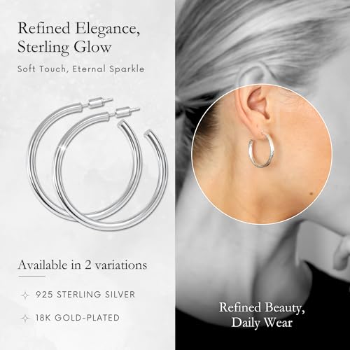 18K Gold Plated Sterling Silver Earrings for Women – Pure & Polished, Twist, Square, Hinged Tube, Abstract & Heart Shape Hoops – Lightweight, Hypoallergenic, Non-Tarnish Jewelry (Sizes: 3x35mm-46x30mm) - color: Silver, size: Polish Hoop (3x40mm)
