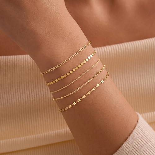 Dainty 14K Gold Plated Bracelets for Women Waterproof, Non Tarnish Gold Jewelry Sets, Thin Stackable Link Paperclip Chain Bracelet Pack Fashion Accessories Gifts for Womens - style: 5Pcs BRACELET SET-01