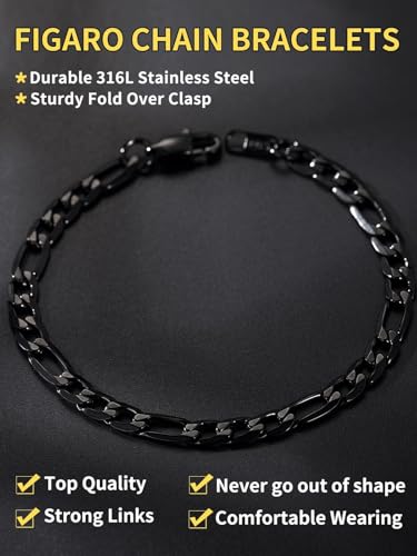 ChainsHouse Figaro Link Chain Bracelet for Men Stainless Steel Jewelry | Black/ Gold Bracelets Men, 6/9/13mm Figaro Cuabn Bracelets 7.5"/8.3", Chunky Hip Hop Wrist Hand Chain Bracelet for Gift - color: h: 6mm-black