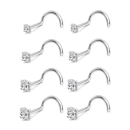 Incaton 20G Stainless Steel Nose Rings for Women Nose Rings Hoops L Shaped Nose Studs Screw Nose Piercing Jewelry for Women Men Silver Rose Gold Black Rainbow - color: 8P SCREWS SILVER