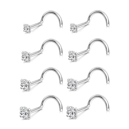 Incaton 20G Stainless Steel Nose Rings for Women Nose Rings Hoops L Shaped Nose Studs Screw Nose Piercing Jewelry for Women Men Silver Rose Gold Black Rainbow - color: 8P SCREWS SILVER