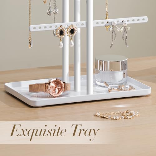susswiff Jewelry Holder Organizer Stand - Adjustable Jewelry Tree 17.5" Height (Max), Jewlery Hanger for Necklaces, Bracelets, Earrings, Stainless, White - color: White