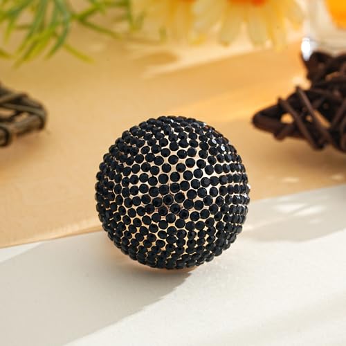 Gold Snowball Rhinestone Cocktail Ring – Adjustable Stretch Sparkling Party Jewelry for Women, Elegant Costume Ring for Evening Wear, Wedding, Prom - color: black