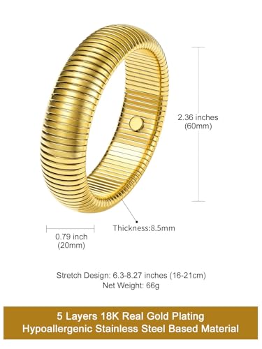KeyStyle Bangle Bracelets For Women, Stainless Steel Stretch Bracelet Wide | 14K Gold/Rose Gold/Black/Silver Plated Flexible Wide Twisted Link Chain Wristband Jewelry, 10Mm, 16Mm, 20Mm - color: 20mm - Gold