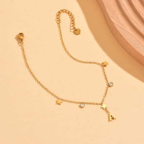 Initial Anklet for Women, 18K Gold Plated Waterproof Ankle Bracelet, Star CZ Letter A-Z Personalized Beach Foot Jewelry - color: A