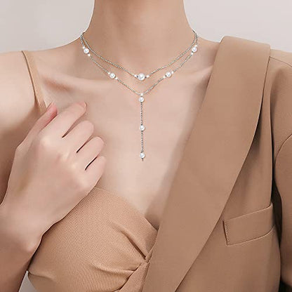 925 Sterling Silver Multilayer Layered Triple Long Chain Necklace for Women - style: Pearl 2 Layered