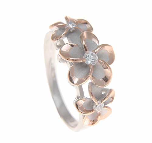 Arthur's Jewelry Sterling Silver 925 Hawaiian 3 Plumeria Flower cz Ring Rhodium and Pink Rose Gold Plated Size 3-10