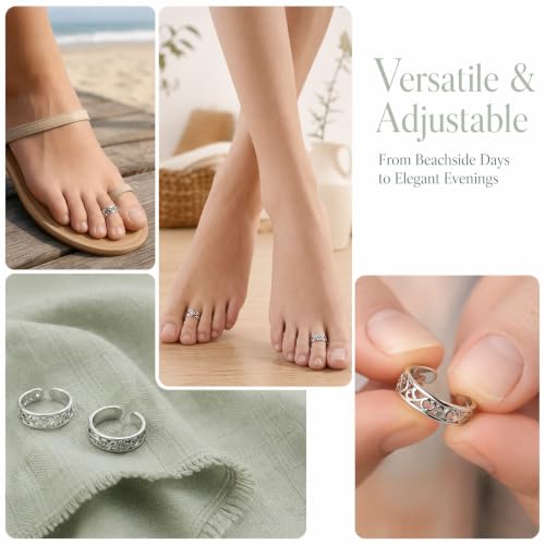 2PCS Toe Rings For Women, Adjustable Silver Toe Ring, Open Cuff Daisy Moonstone Band, Beach Foot Jewelry Set