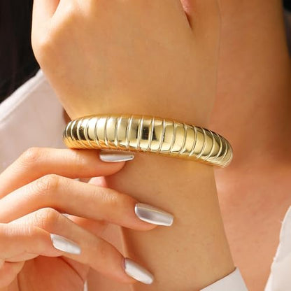 Chunky Geometric Textured Open Cuff Bangle Bracelet for Women Men Trendy Hammered Statement Cuff Bracelet Spiraled Oval Charm Cuff Bracelet Jewelry Gifts - color: Gold