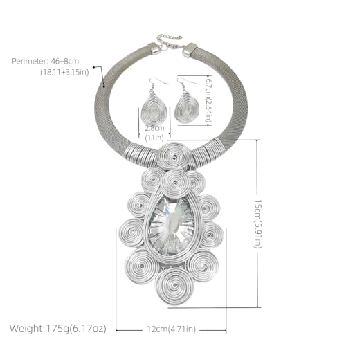 African Jewelry Sets Statement Big Crystal Pendent Necklace Earrings Set For Women Handmade Bib Collar Costume Tribal Fashion Accessories - color: KDLUN5305 Silver