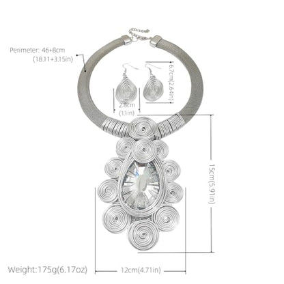 African Jewelry Sets Statement Big Crystal Pendent Necklace Earrings Set For Women Handmade Bib Collar Costume Tribal Fashion Accessories - color: KDLUN5305 Silver