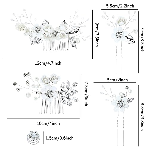 Cinaci 18 Pieces Bridal Wedding Party Prom Pearl Rhinestone White Flower Hair Side Combs Slides+U-shaped Flower Hair Pins+Twist Spiral Hairpins Floral Headpieces for Brides Bridesmaids Women Girls - color: White