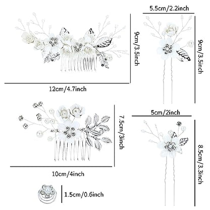 Cinaci 18 Pieces Bridal Wedding Party Prom Pearl Rhinestone White Flower Hair Side Combs Slides+U-shaped Flower Hair Pins+Twist Spiral Hairpins Floral Headpieces for Brides Bridesmaids Women Girls - color: White