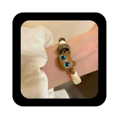Boho Cartoon Cat Bracelet Wooden Beaded Strand Stretch Bracelets Brown Acrylic Cat Chain Bracelet Jewelry for Women