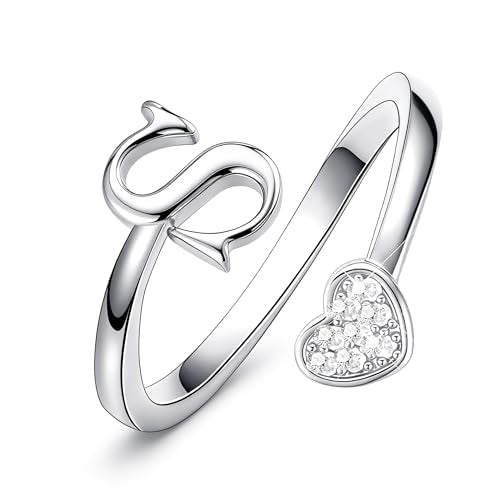 Lunvky Birthday Gifts Silver Initial Rings for Women Teen Girl Kids Trendy Stuff Dainty 14K Gold Plated Adjustable Heart Letter Thumb Rings Pinky Cute Jewelry Personalized Gift - color: Silver, size: Initial-S