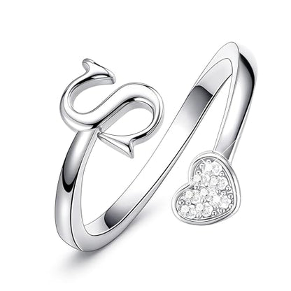Lunvky Birthday Gifts Silver Initial Rings for Women Teen Girl Kids Trendy Stuff Dainty 14K Gold Plated Adjustable Heart Letter Thumb Rings Pinky Cute Jewelry Personalized Gift - color: Silver, size: Initial-S